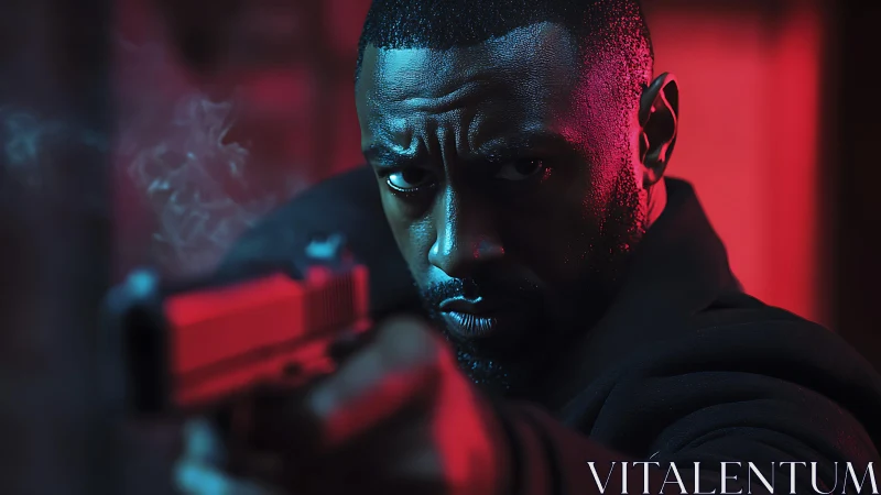 Moody neon showdown with a determined urban protector.