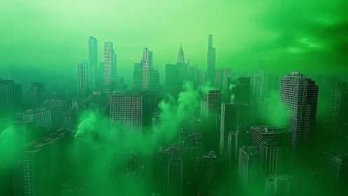 Chromatic green atmospheric bloom over high‑rise skyline.