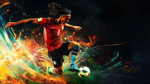 Kinetic digital painting of dynamic football striker in motion.