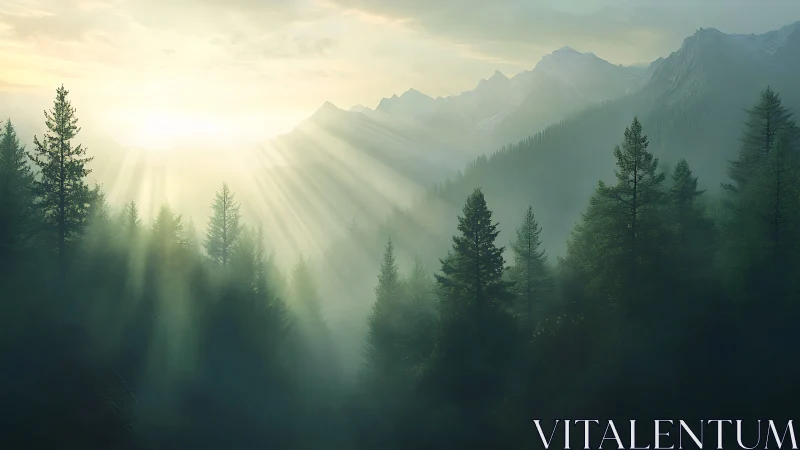 Misty Alpine Valley Bathed in Golden Rays.