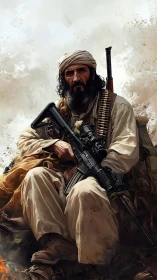 Militant desert fighter sits armed in gritty war portrait
