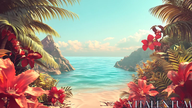 Tropical Paradise Cove: Red Flowers Frame Azure Waters.