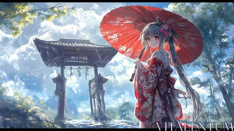 Gentle kimono girl under a red umbrella in soft sunlight.