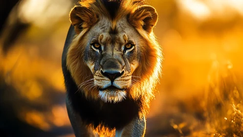 Male lion strides through golden backlit savanna at sunset
