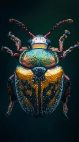 Iridescent beetle in jeweled armor under midnight spotlight.