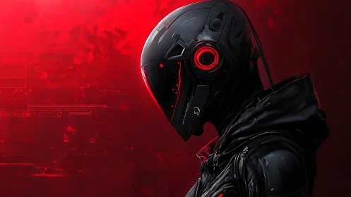 Neon-helmed cyber sentinel broods in molten red silence.