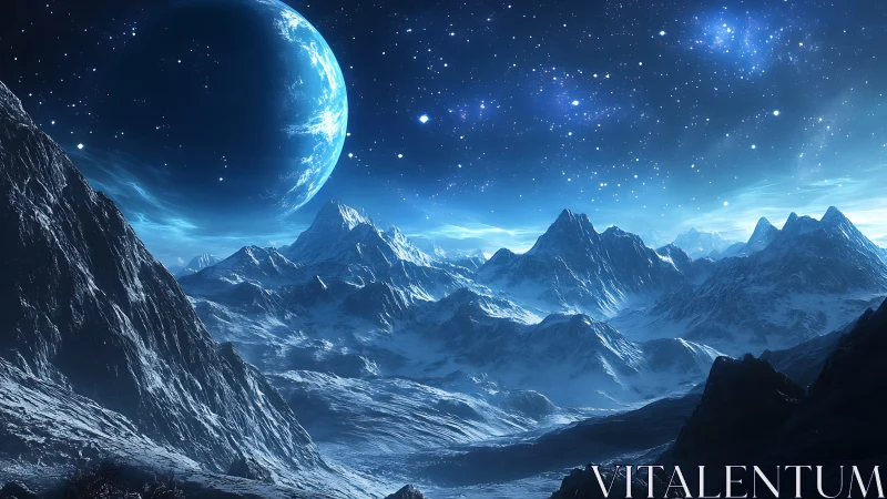 Frozen alien mountain range under luminous blue planet.