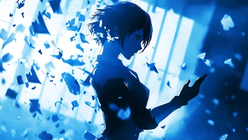 Silhouetted heroine commands shards in luminous blue storm.