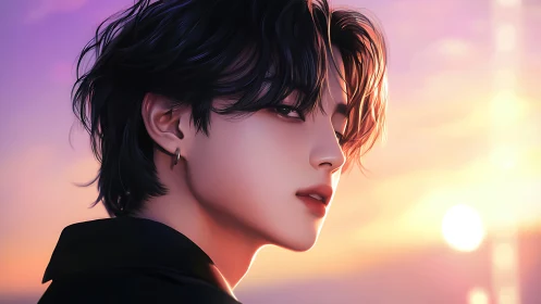 Side profile of stylized person against soft sunset sky