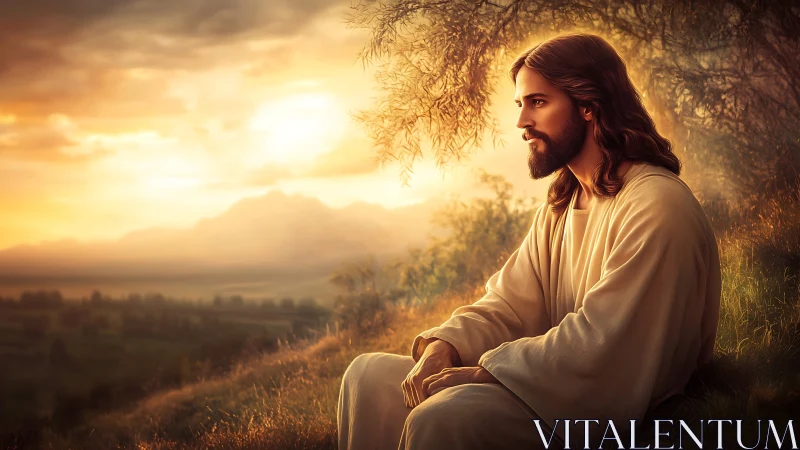 Figure in robe seated on hillside at warm sunset landscape.