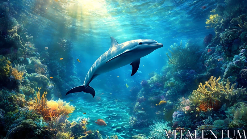 Dolphin glides through sunlit coral reef seascape panorama.