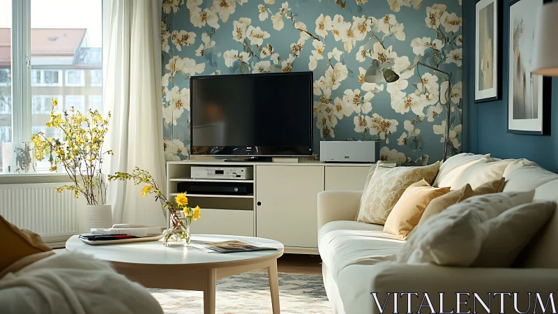 Floral wallpaper living room with TV console and sofa.
