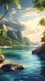 Tropical island cove with emerald water and lush vegetation under golden sunlight.