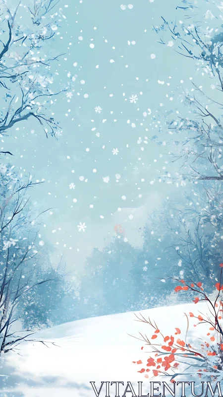 Snow-laden winter hillside with sparse trees and drifting flakes