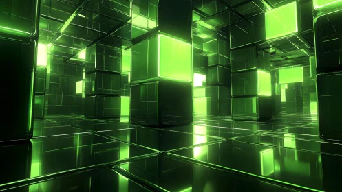 Futuristic glowing green glass cube room in digital art style.