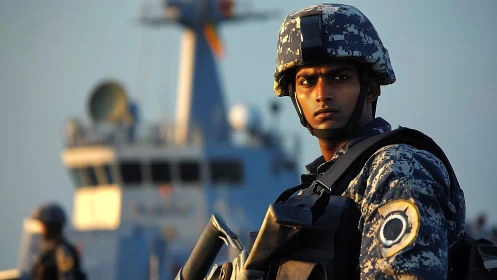 Calm-eyed naval guard watching the horizon with quiet focus.