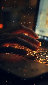 Hands typing on illuminated laptop keyboard in low light.