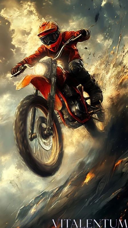 Fearless dirt biker soaring through stormy golden skies.