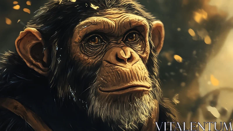 Digital portrait of wise chimpanzee in warm light.