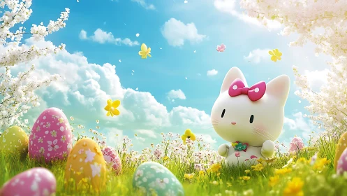 Cute cartoon cat in spring meadow with Easter eggs.