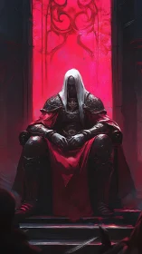 Armored pale warlord enthroned before incandescent sigil field.