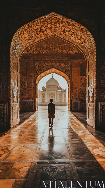 Silhouetted figure framed by ornate Mughal archway symmetry