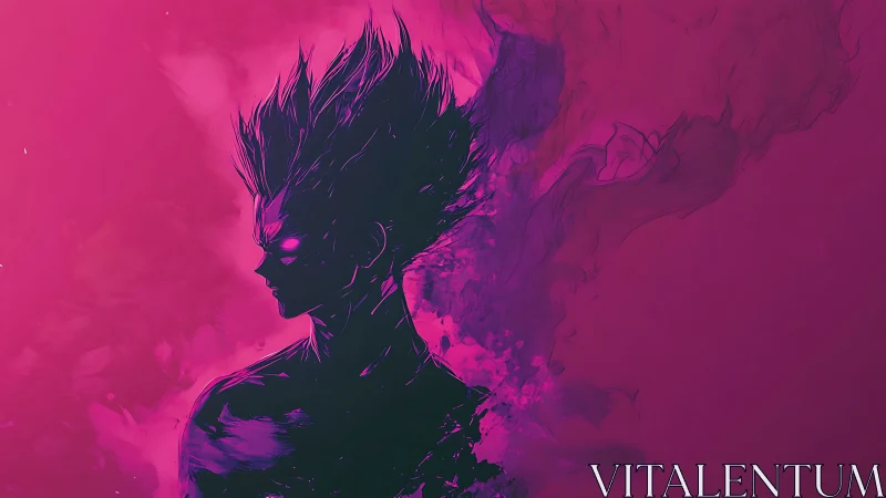 Neon silhouetted figure with glowing eyes in magenta haze.