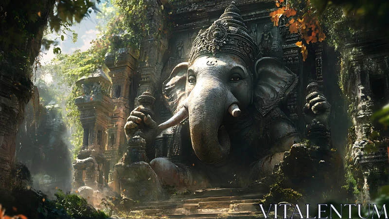 Ancient elephant deity statue amid overgrown jungle ruins.