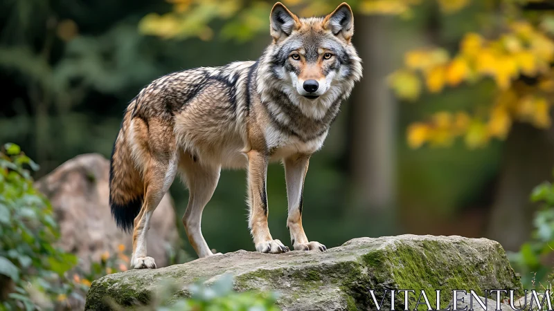 Grey wolf stands alert on mossy rock in shallow depth of field