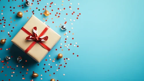 Rectangular gift box with red ribbon on blue surface, scattered confetti