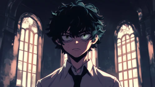 Intense green-eyed student in high-contrast cathedral lighting.