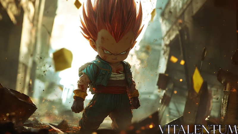 Fiery-haired chibi warrior stands defiant in ruined city.