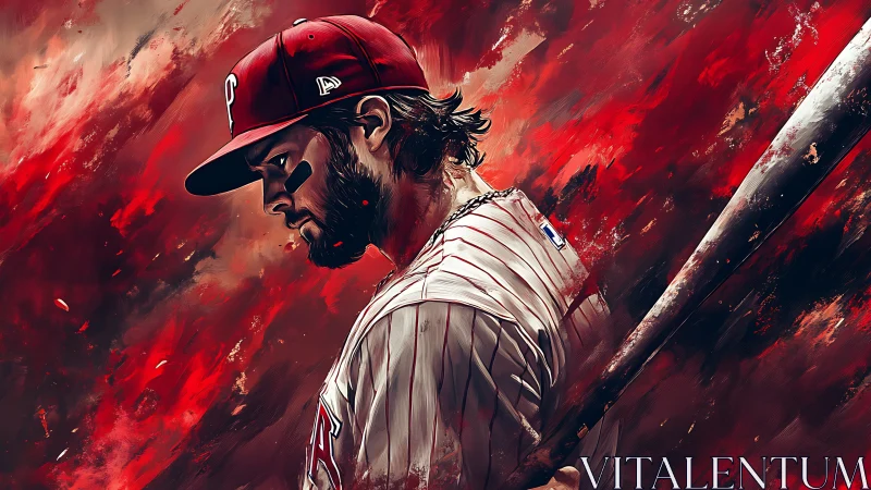 Digital painting of focused baseball hitter amid red motion.