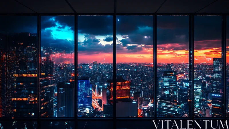 Skylines divided by dusk, neon metropolis through glass.
