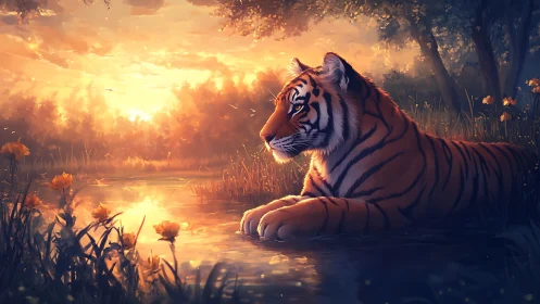 Sunset-soaked tiger dreaming by a golden forest pond.