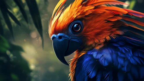 Vivid Orange and Blue Parrot Portrait in Digital Art Style.