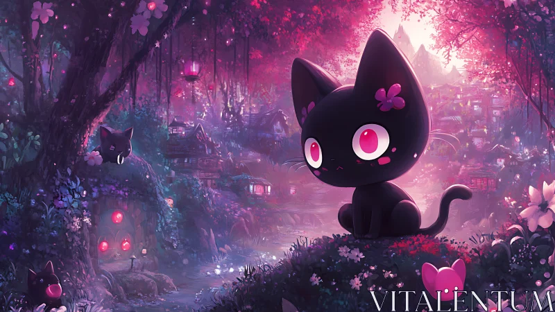 Black cartoon cat in luminous pink and purple fantasy forest.