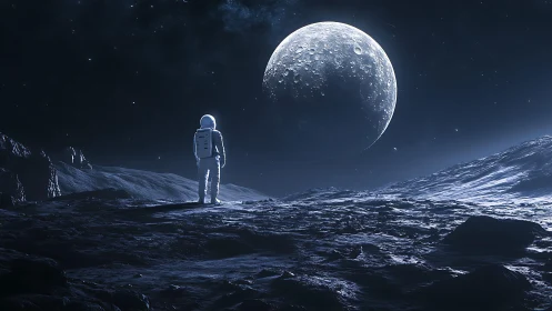 Astronaut stands on rocky moonlike terrain under large planet
