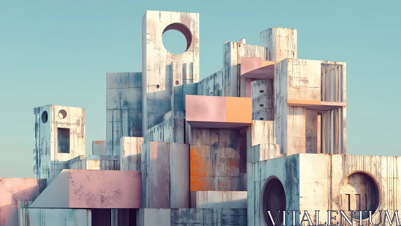 Geometric brutalist structure with weathered surfaces under clear sky.