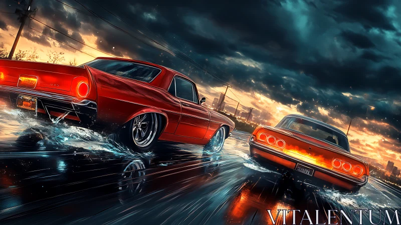 Muscle cars race through neon reflections on wet highway