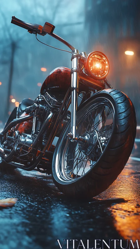 Custom motorcycle gleams under rain-soaked city lights.