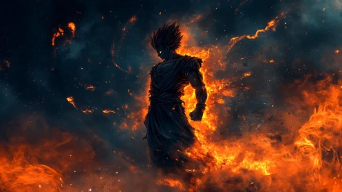 Fiery anime warrior silhouette isolated by high‑contrast rim lighting