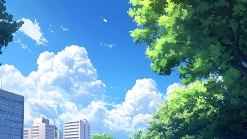 Summer clouds tower above a tranquil city skyline