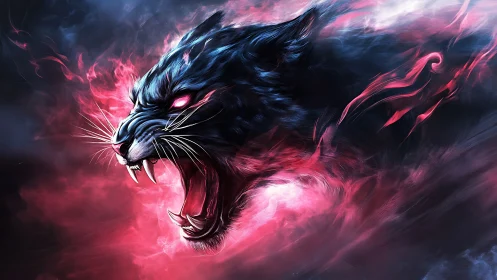 Roaring neon panther erupts from swirling pink and shadowed mist