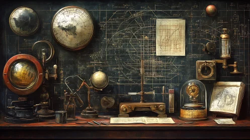 Antique scientist’s desk displays globes, charts, and instruments.