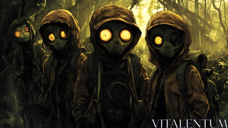 Digital painting of hooded gasmask wanderers in toxic jungle.