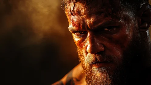 Grit-lit stare of a battered fighter in molten light.