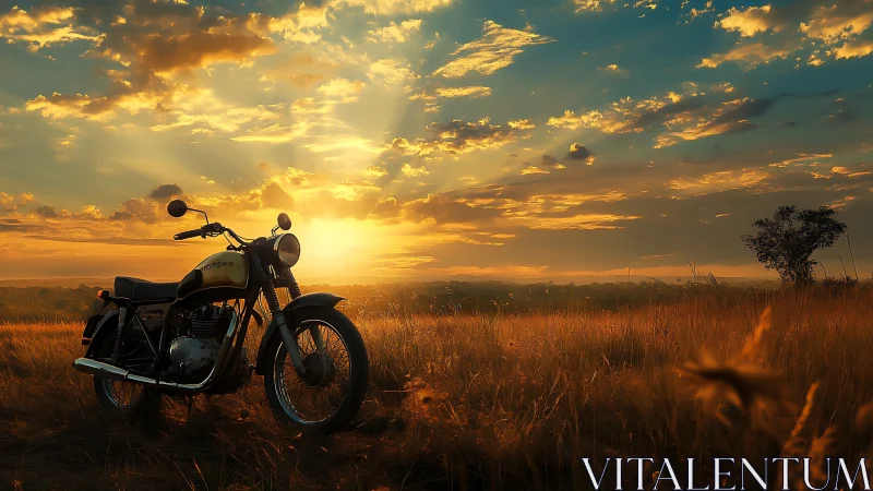Vintage motorcycle at golden field sunset horizon glow.
