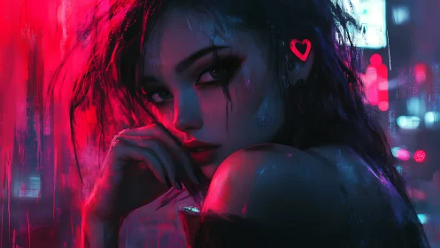 Cyberpunk portrait with neon magenta rim light and heart earring