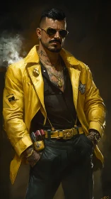 Bold man in yellow coat radiating effortless cool swagger.